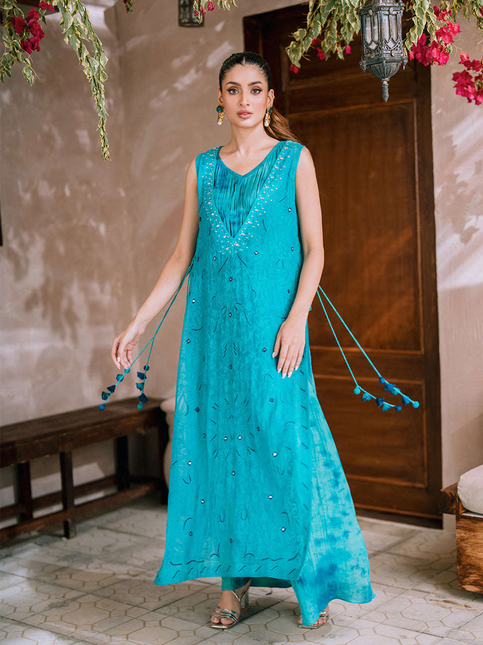 Teal cotton net shirt with intricate embroidery