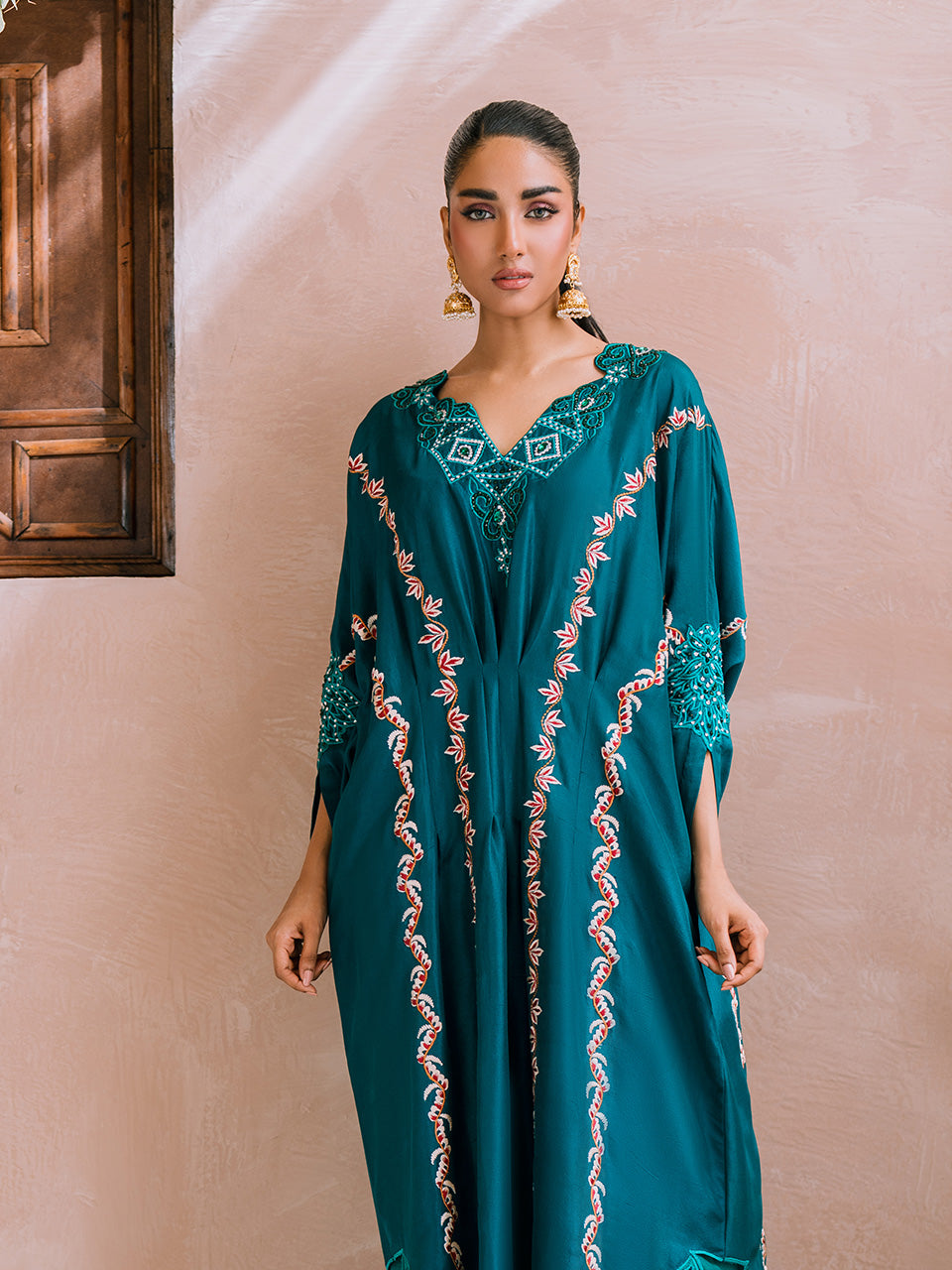 Luxe silk kaftan with intricate handwork