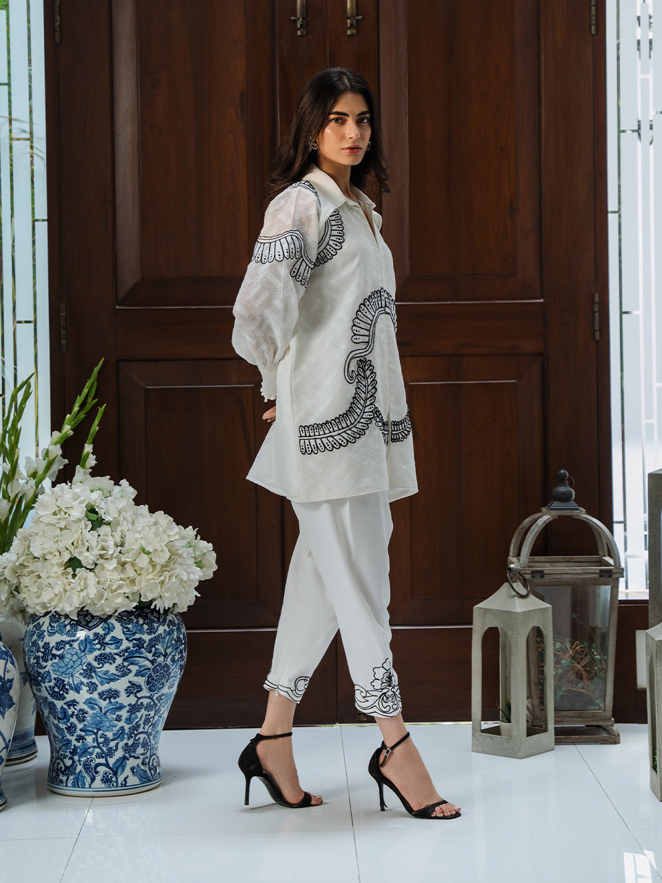 Embroidered white chiffon tunic with matching shalwar
