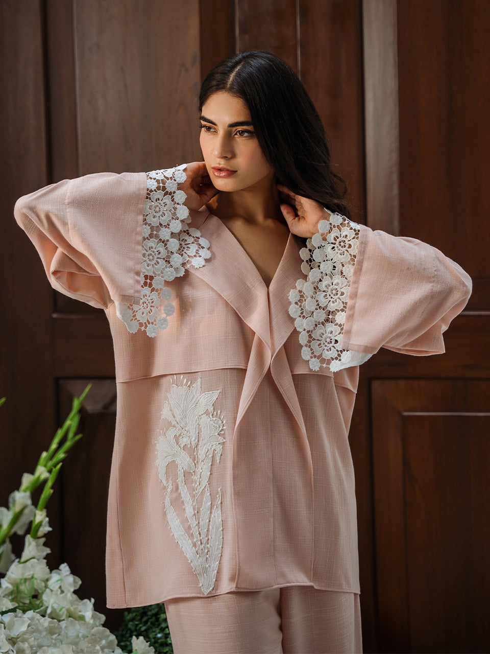 Elegant textured Irish cotton outfit in peach with beadwork