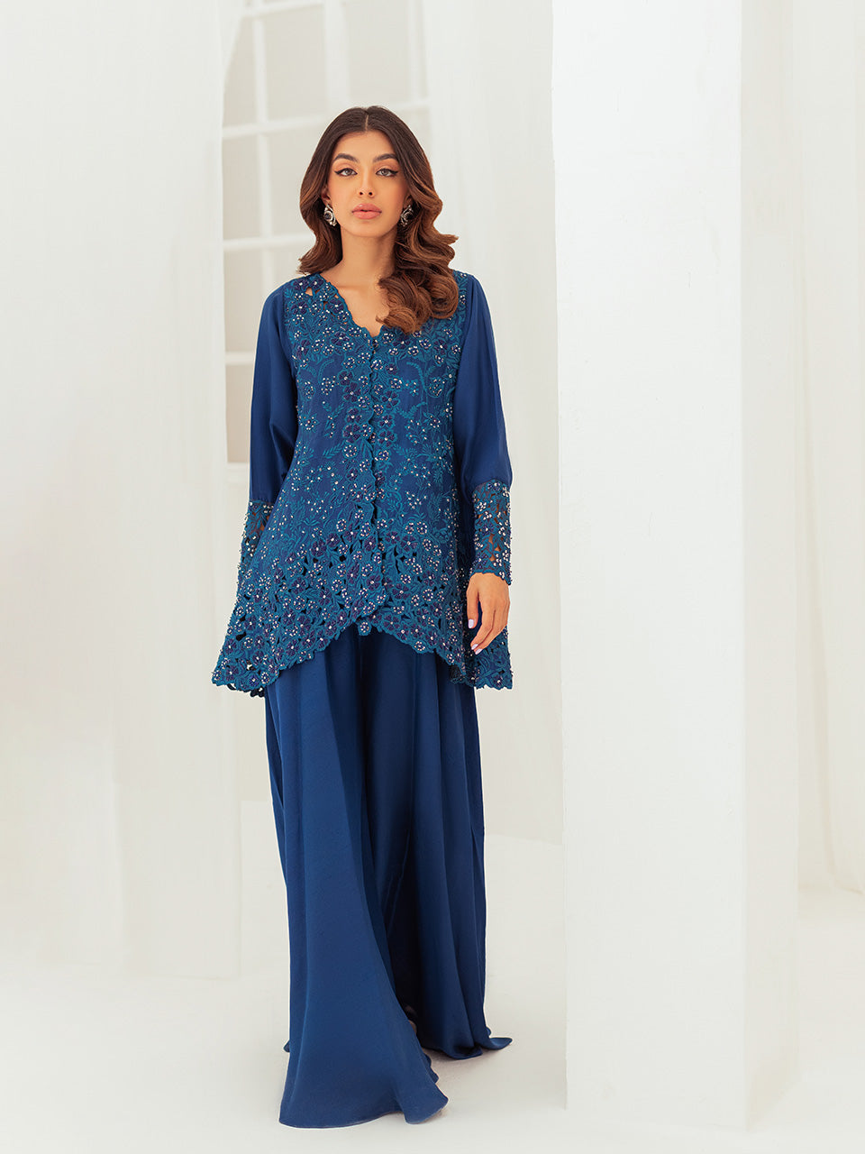 Statement blue silk coat outfit