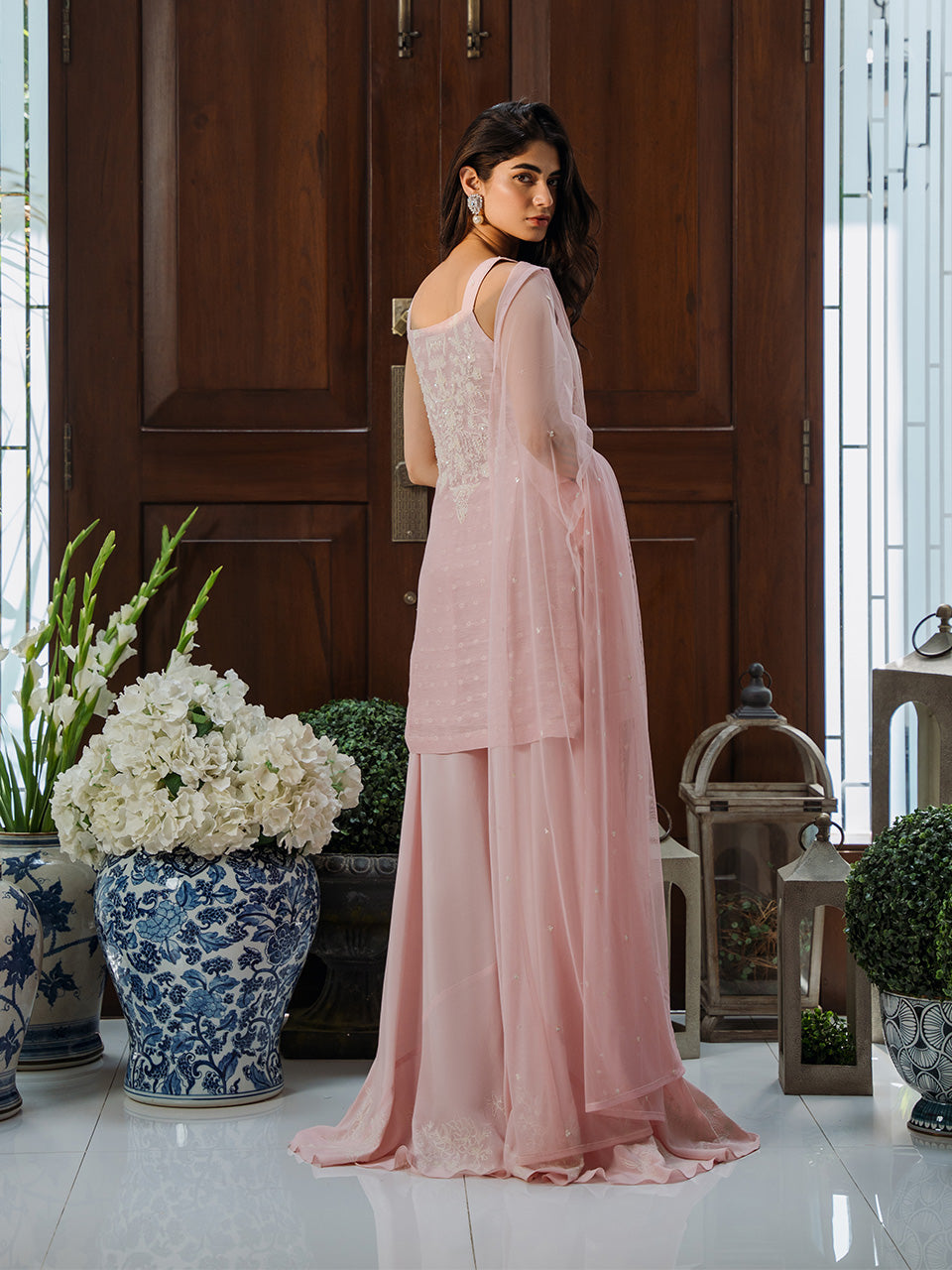 Peach Khaadi Net Tunic with Intricate Thread Work, Pearl & Sequin Details