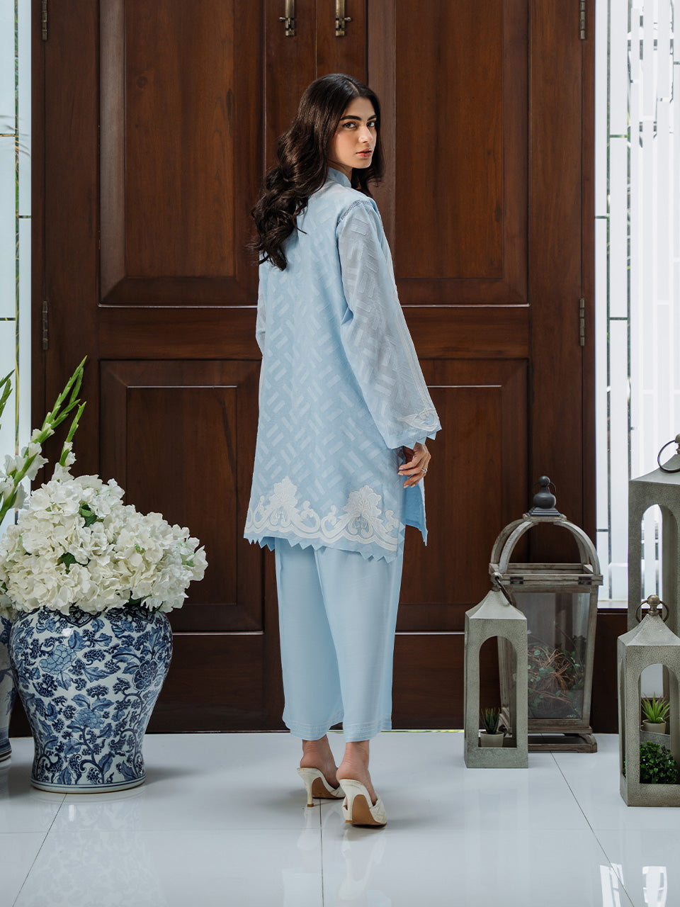 Sophisticated sky blue outfit with silk pants