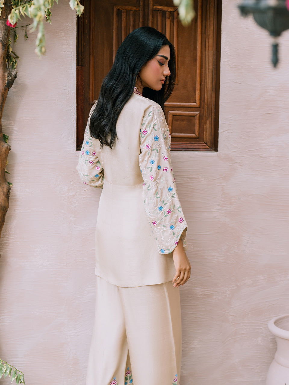 Timeless beige raw silk set with embroidery accents