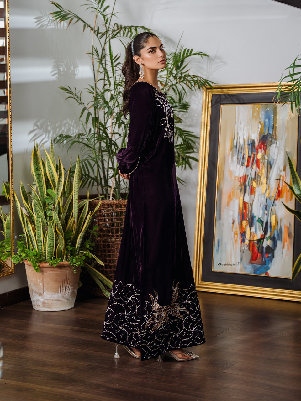Purple velvet festive kaftan with hand-embroidered details
