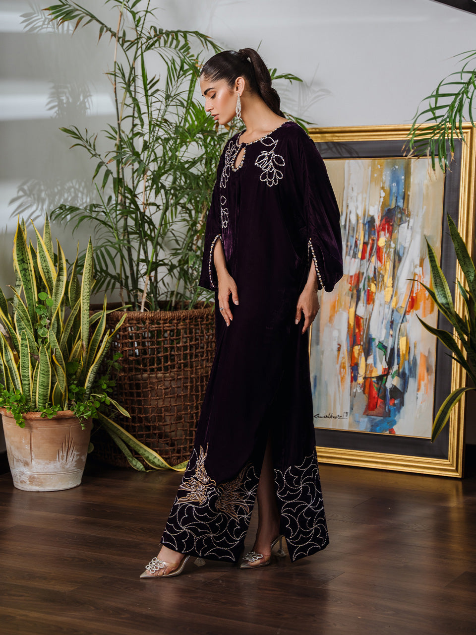 Velvet kaftan with sparkling diamante handwork