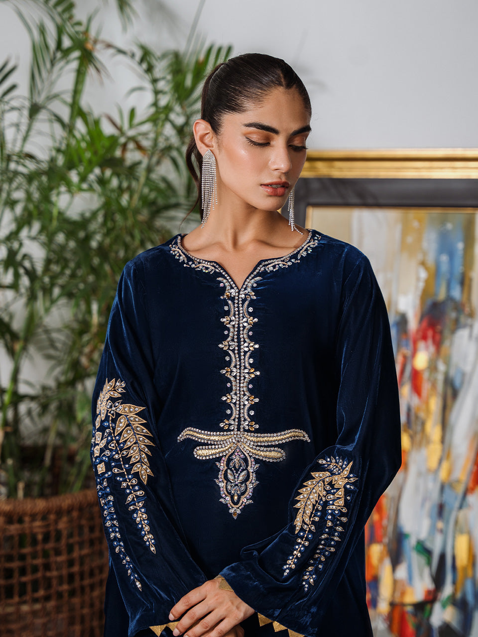 Rich velvet fabric with intricate detailing