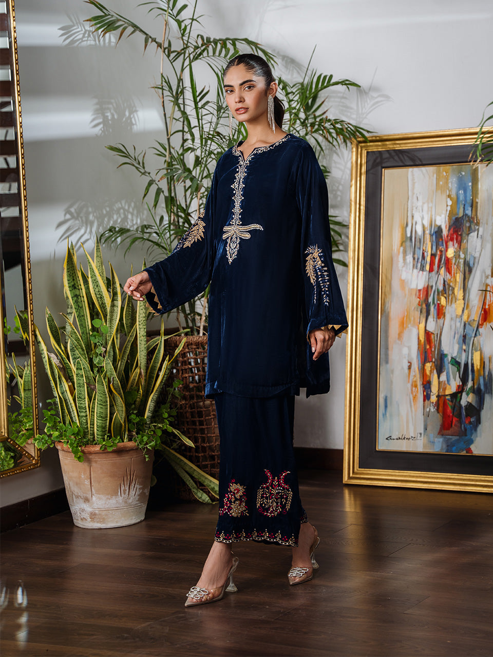 Sophisticated embroidered velvet dress