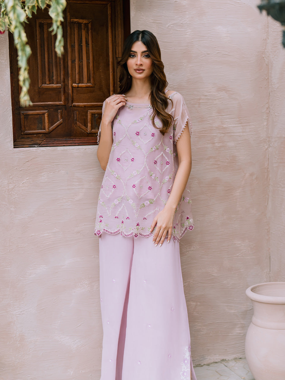 Lavender pink organza top with intricate embroidery and sparkling diamantes