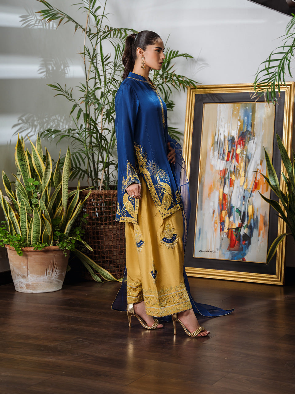 Cobalt Blue Raw Silk Kurta with Saffron Shalwar & Organza Dupatta