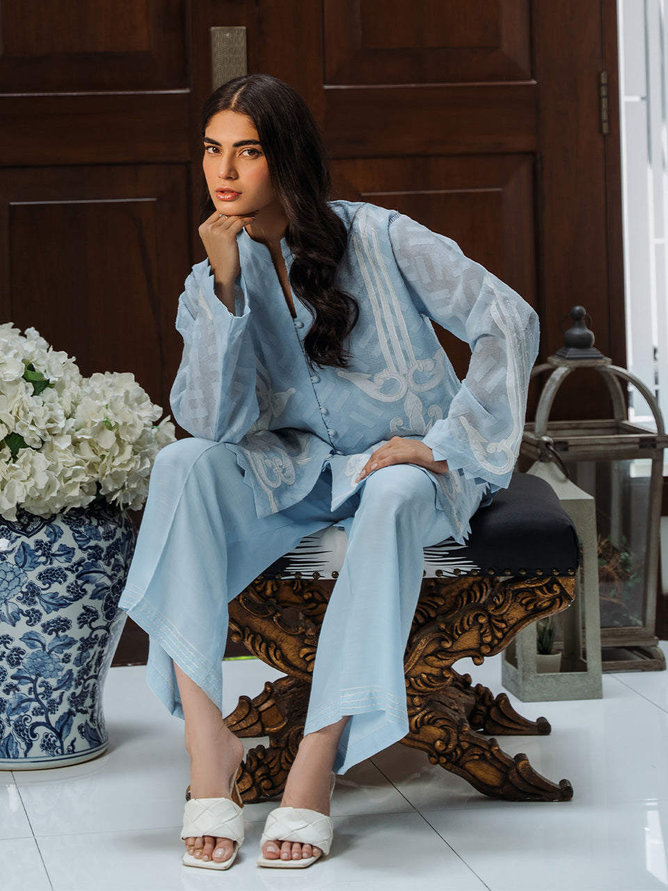 Sky blue georgette top with silk trousers