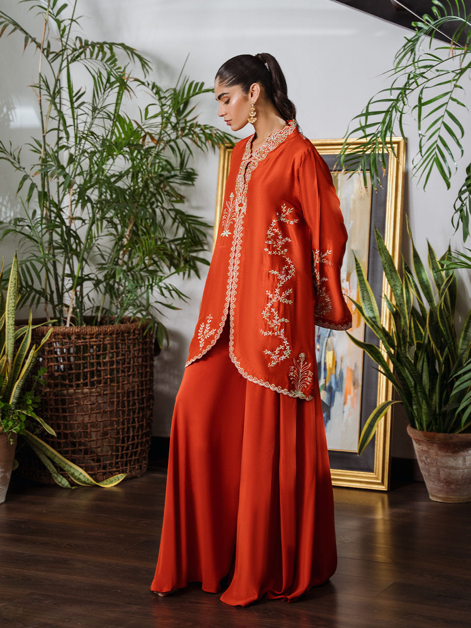 Embroidered tangerine raw silk shirt with flared pants