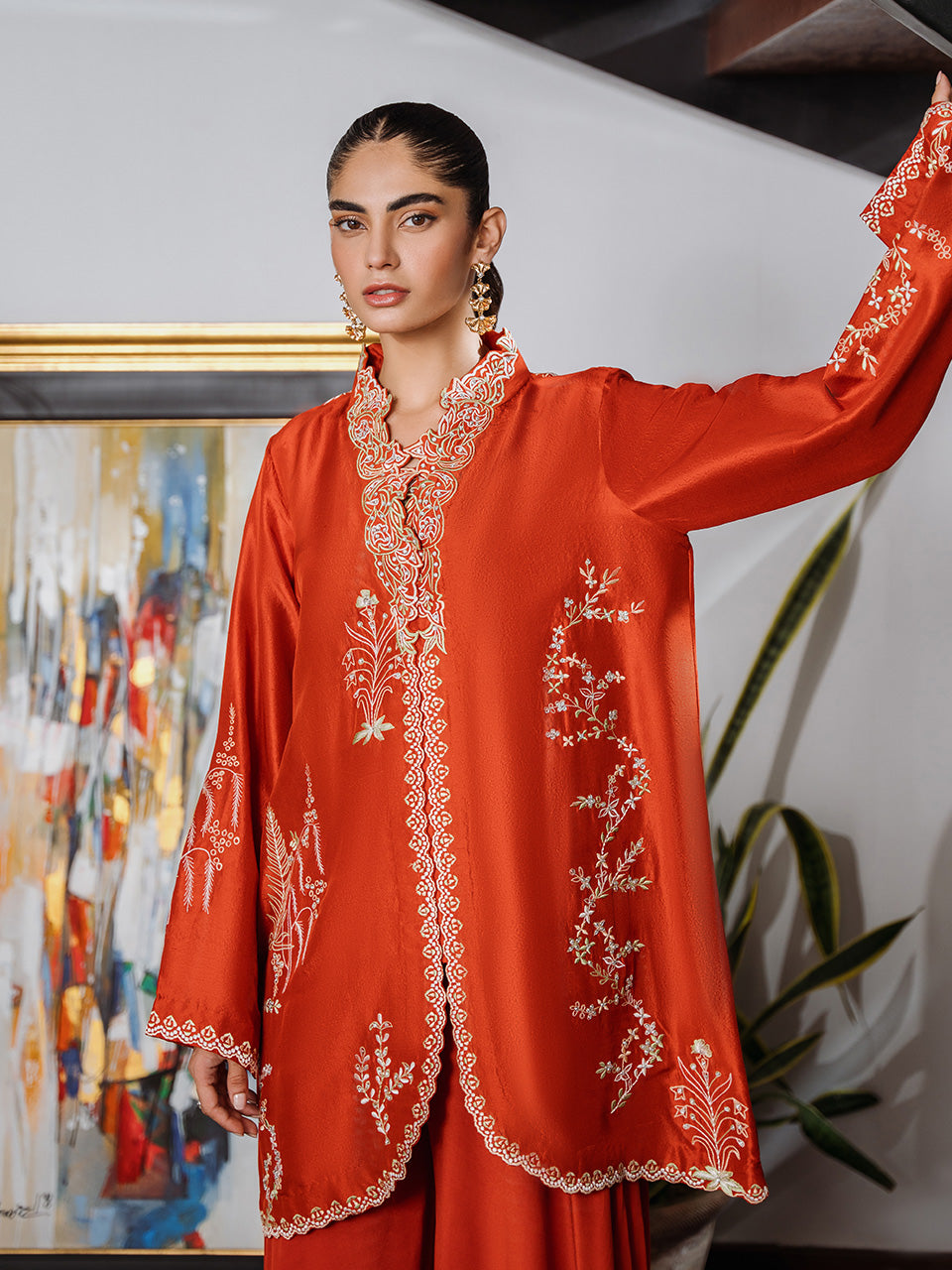 Tangerine shirt with embroidered details and diamante handwork