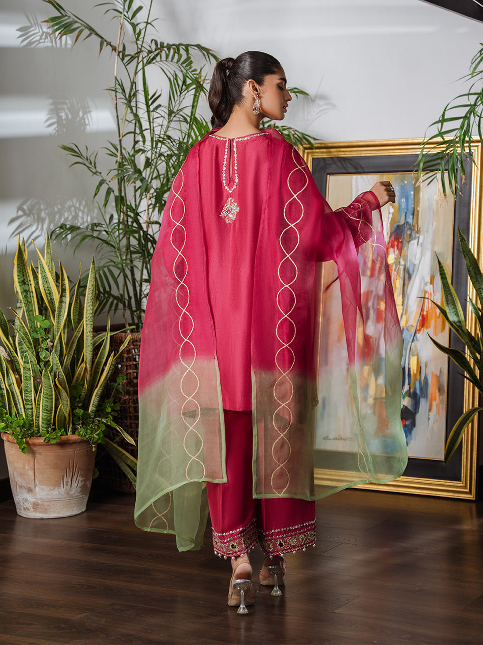 shaded organza dupatta with exquisite ari work for a refined and elegant look