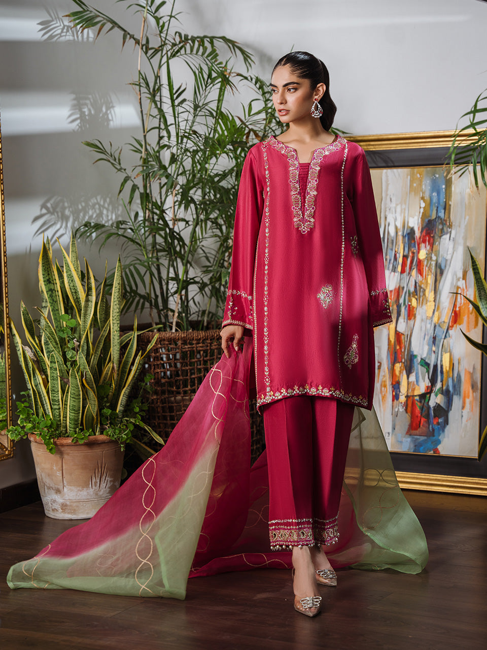 Fuchsia Raw Silk Kurta with Handwork