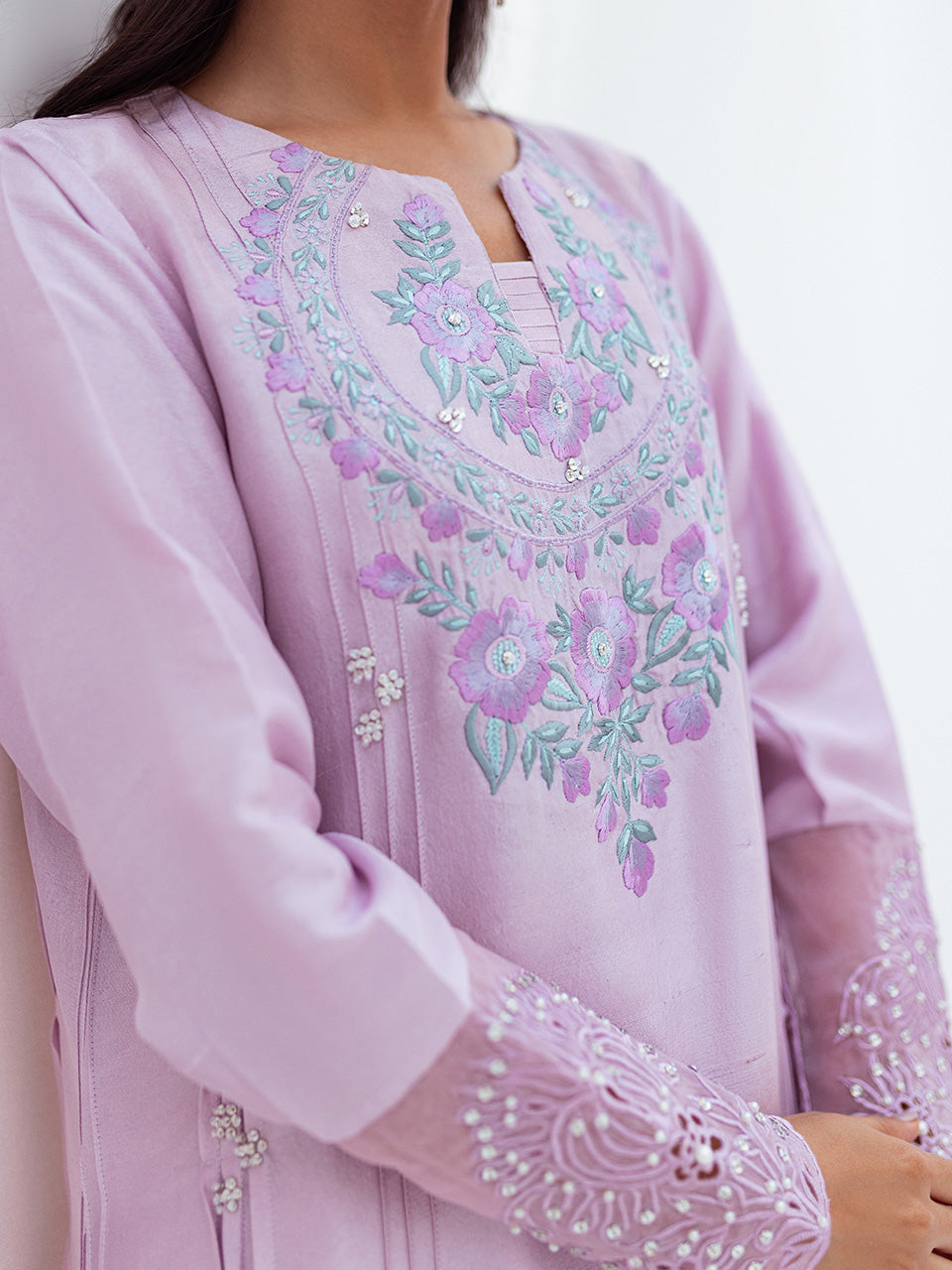 Pleated lilac raw silk kurta with cutwork sleeves