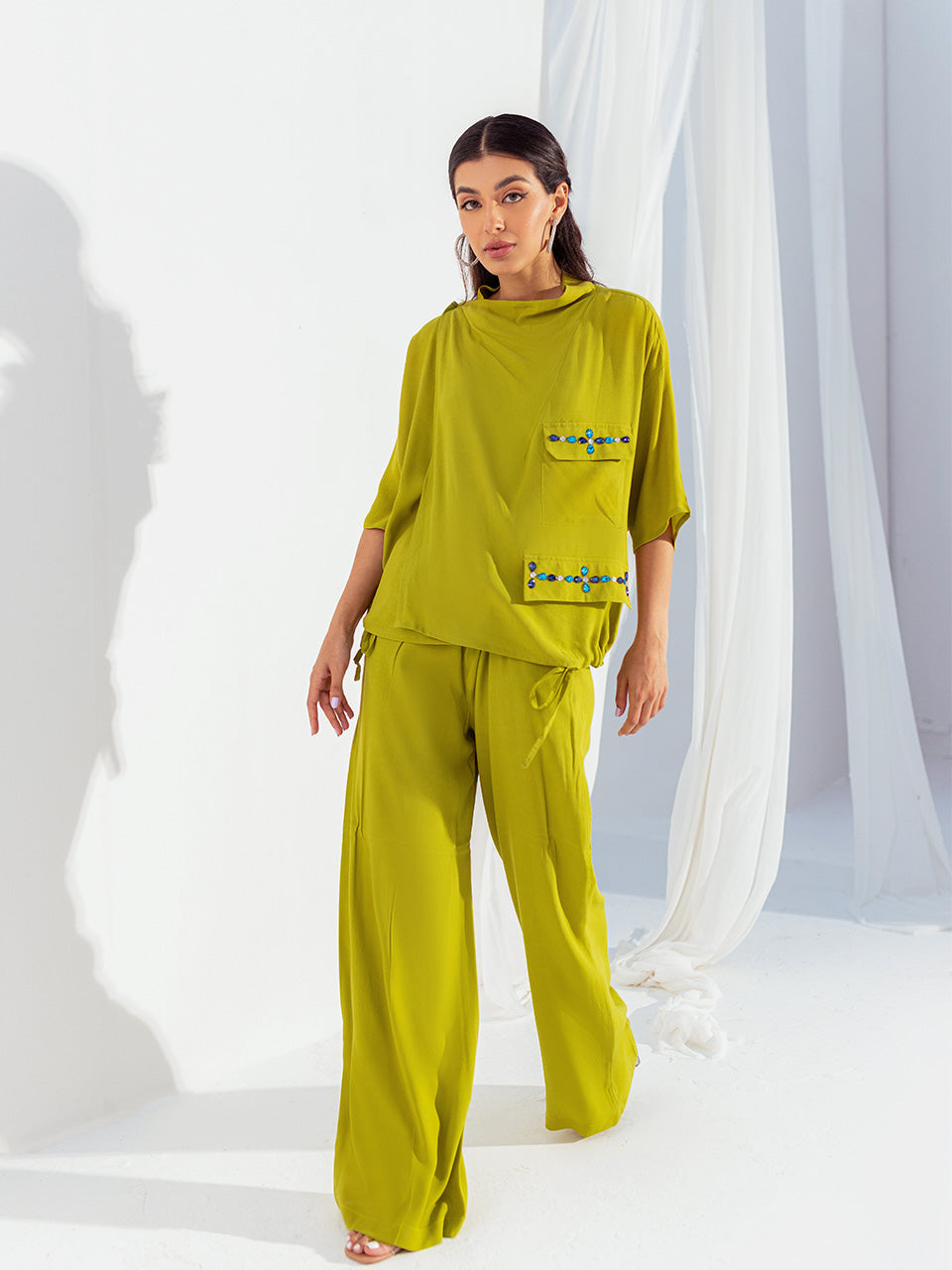 Modern lime green tunic with front pocket detailing