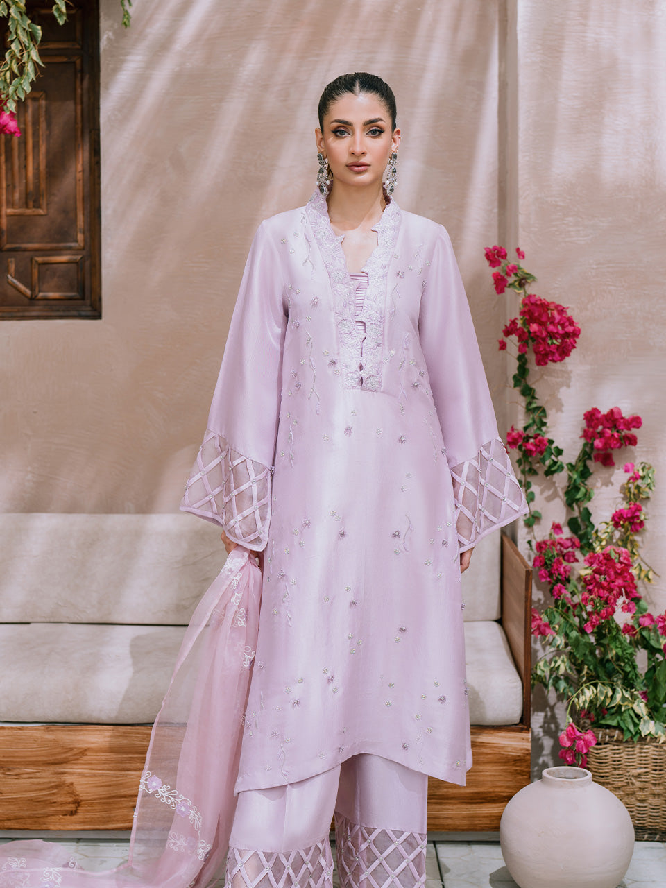 Lilac raw silk kurta with embroidery and crystal work