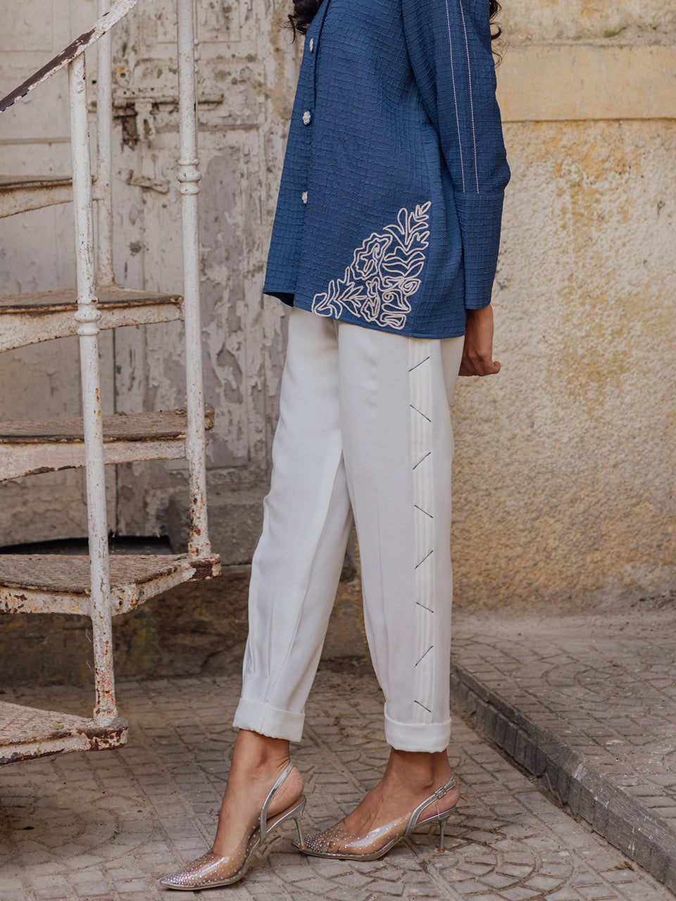 Georgette deep blue tunic with intricate Dori embroidery