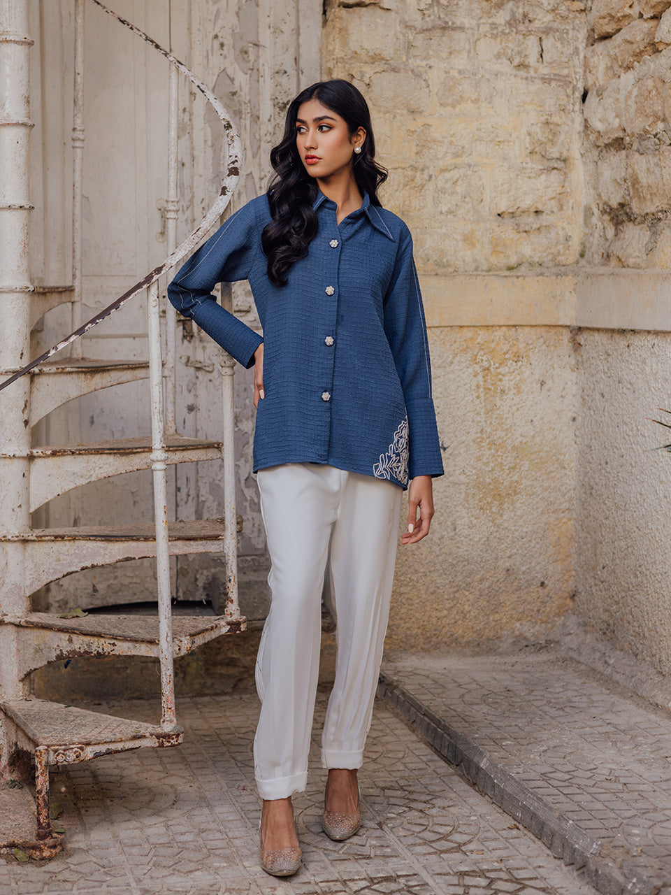 Stylish deep blue tunic with Dori work and pleated pants