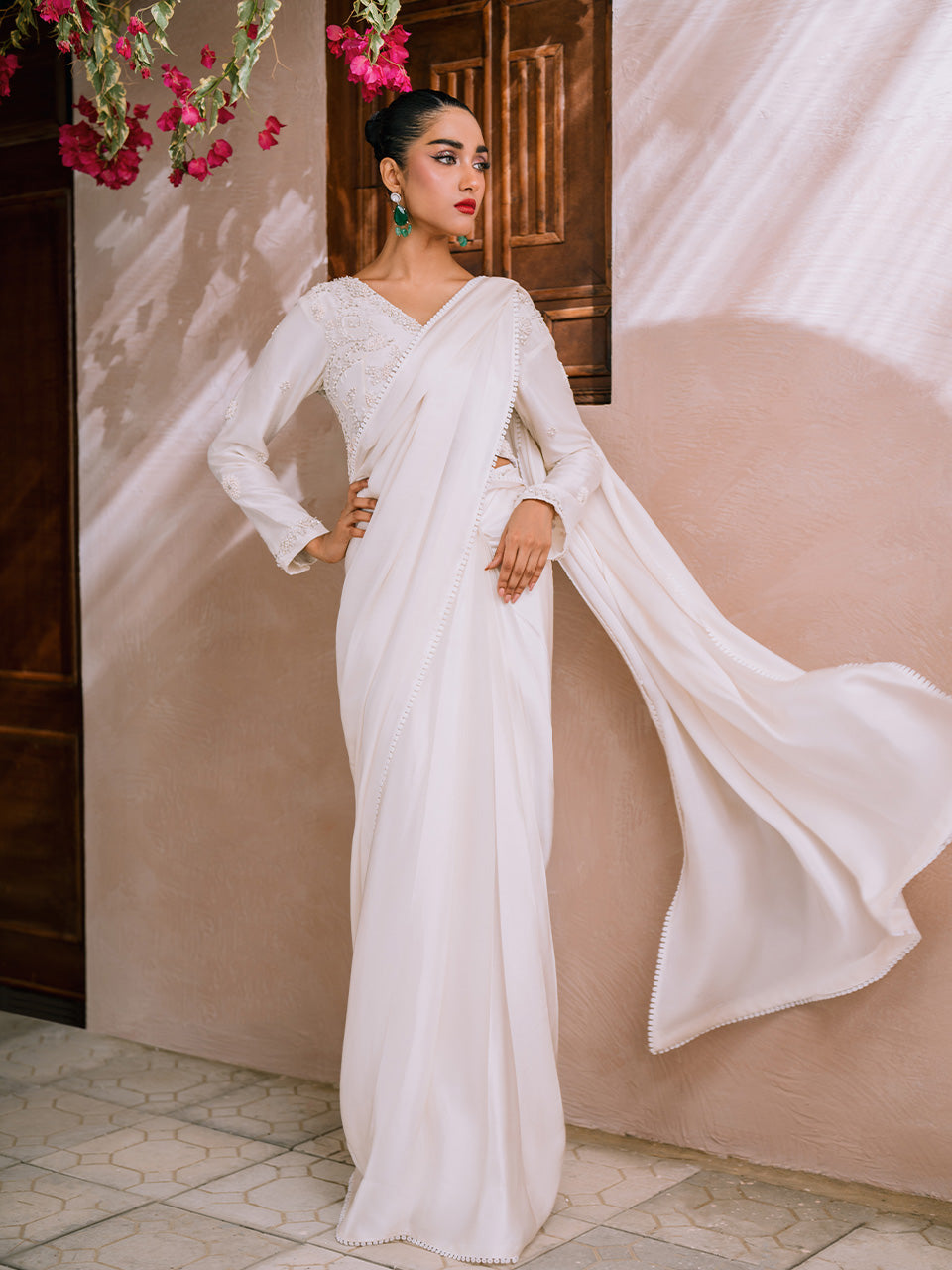 Ayla White Blouse Chamois Silk Saree by Farah Zubair Handwork