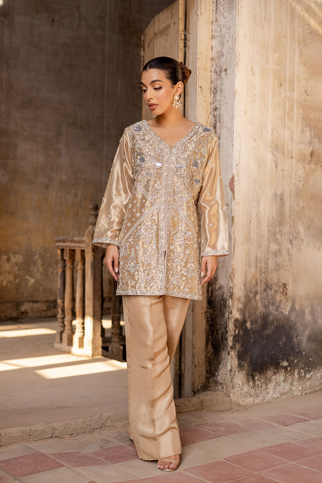 Embroidered jacket with raw silk pants