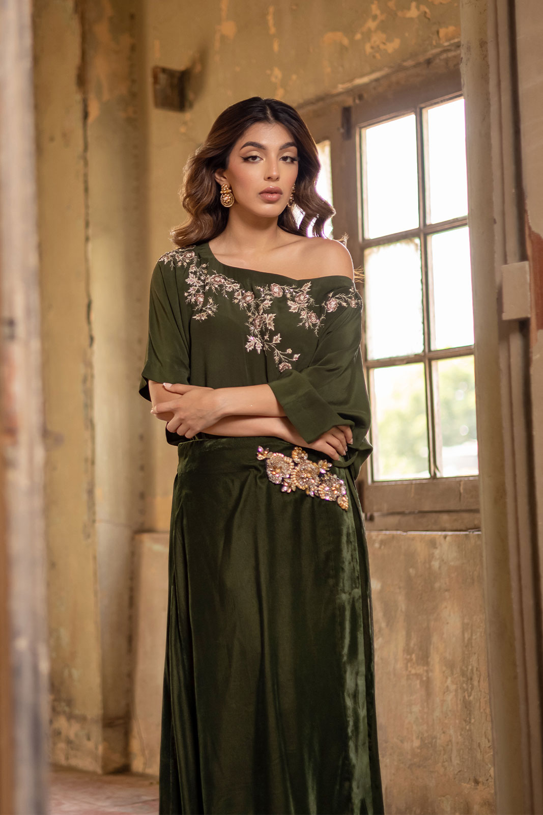 Intricate embroidery on neckline and back