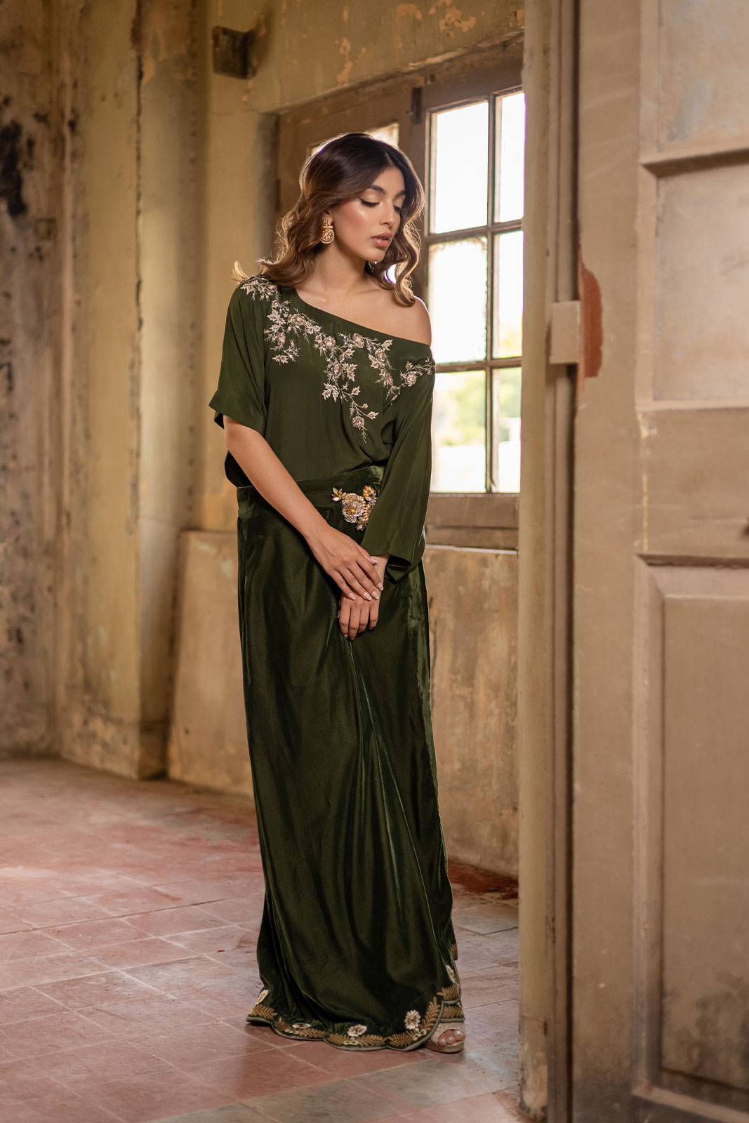 Bottle green off-shoulder top