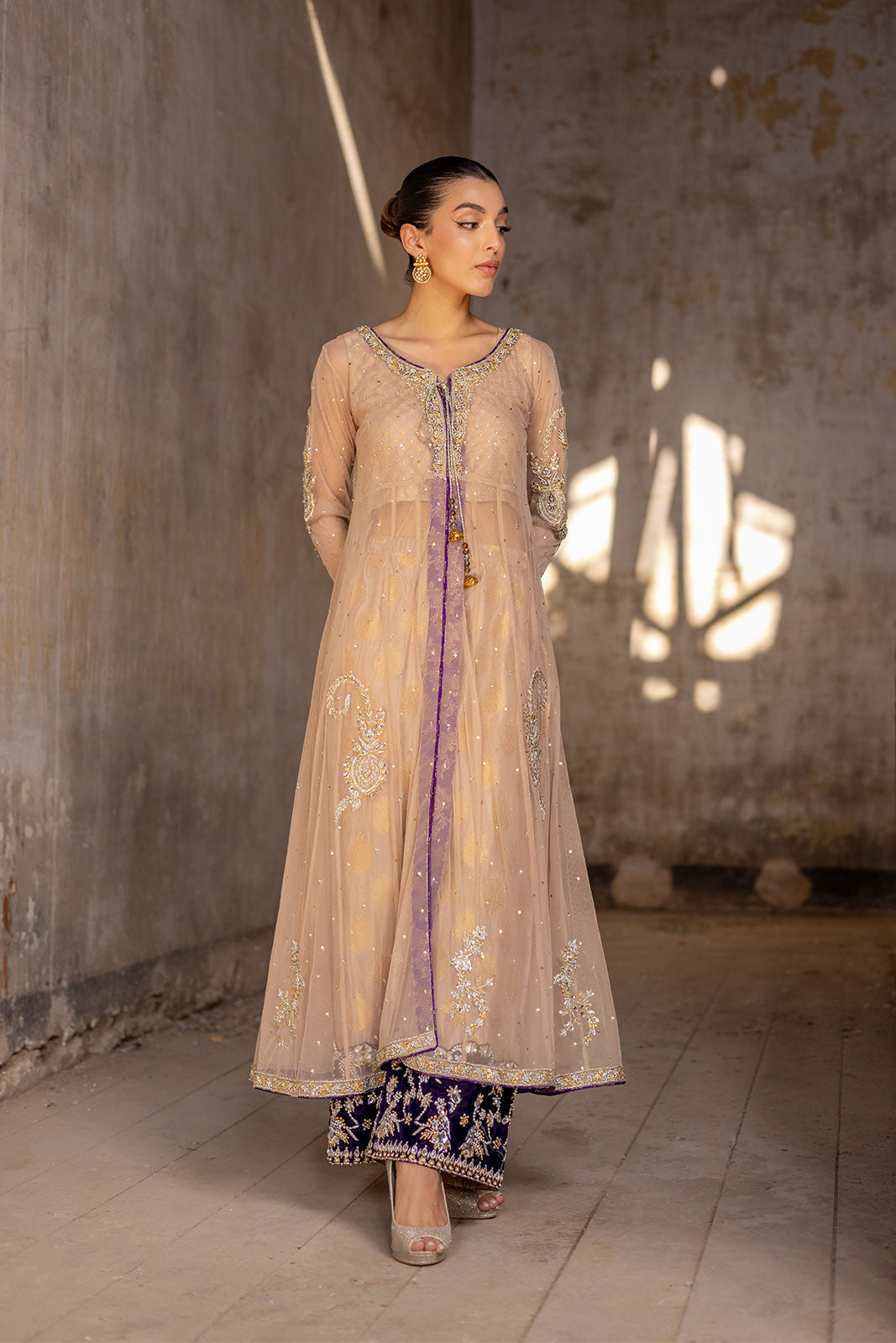 Beige net flared dress