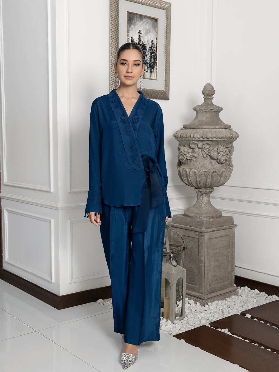 Blue silk top with embroidery paired with matching pants