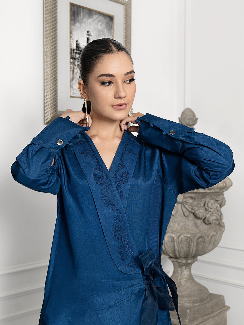 Elegant blue embroidered silk top and matching pants