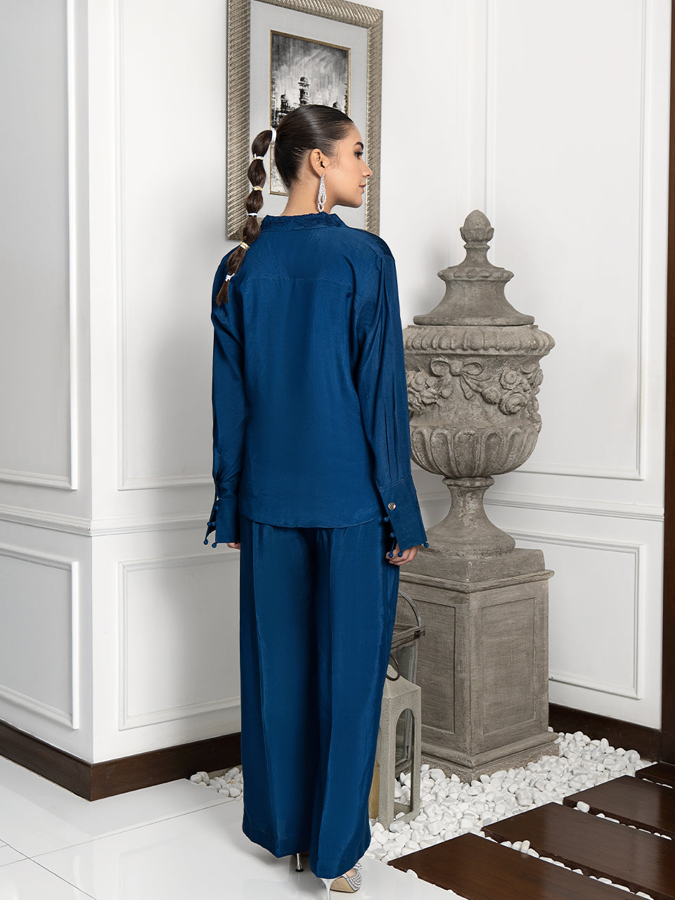 Sophisticated blue silk jacket and pants set