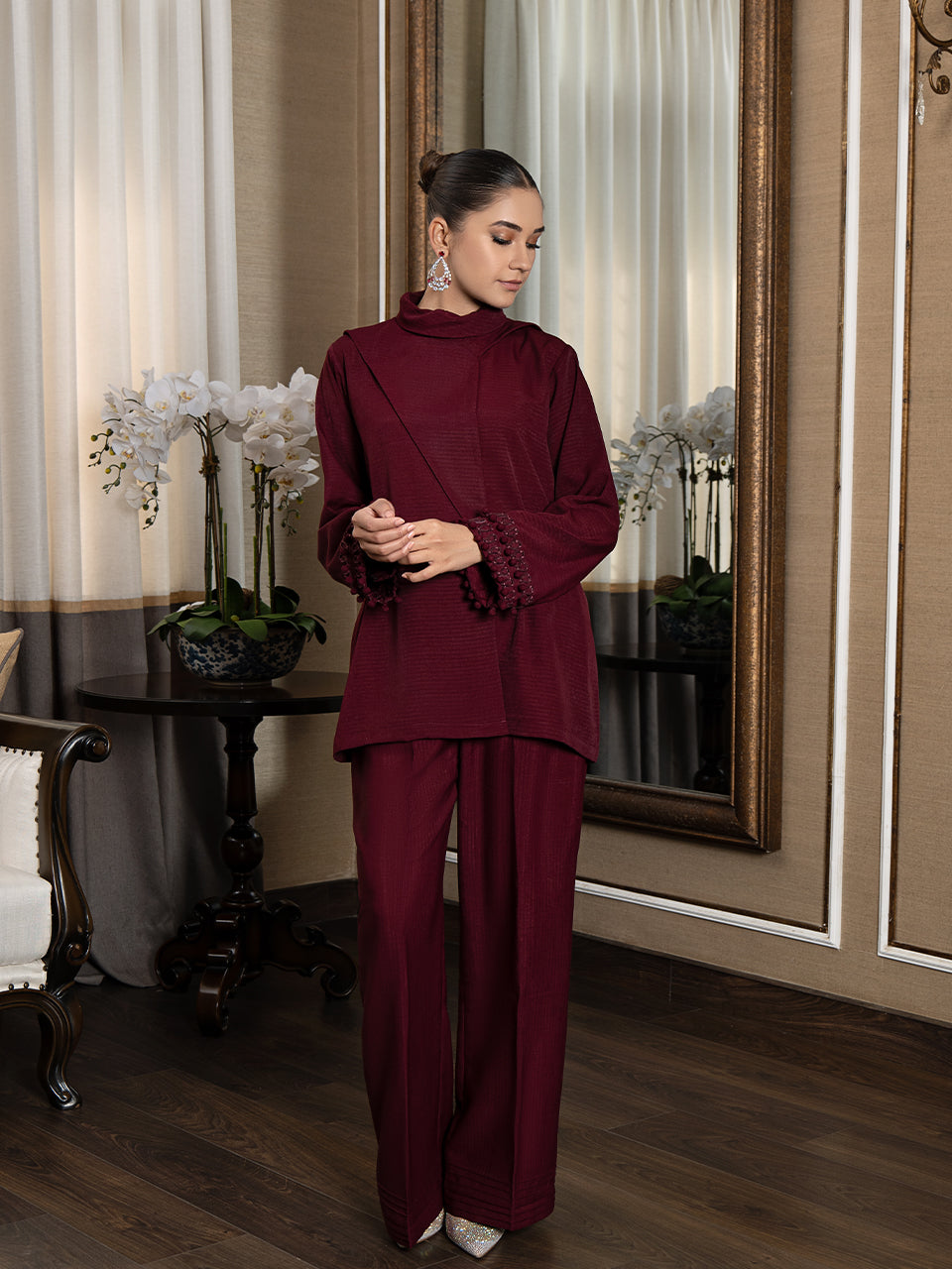 Textured georgette tunic and pants set