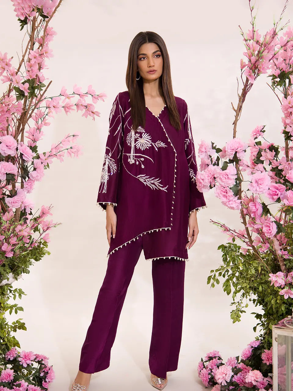 Hand-embroidered raw silk outfit