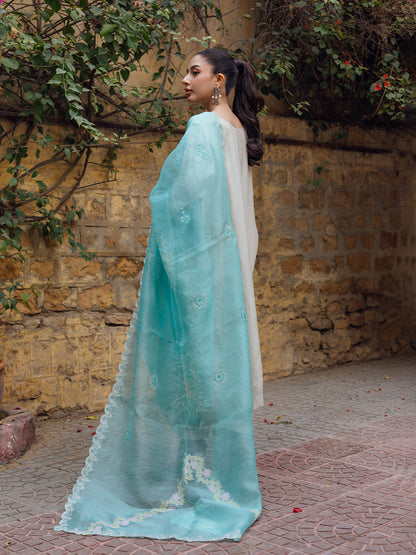 Sea green embroidered organza dupatta