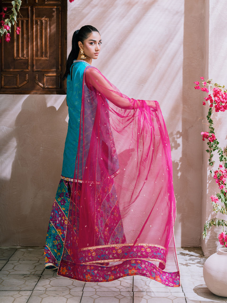 vibrant fuchsia net dupatta with chan details