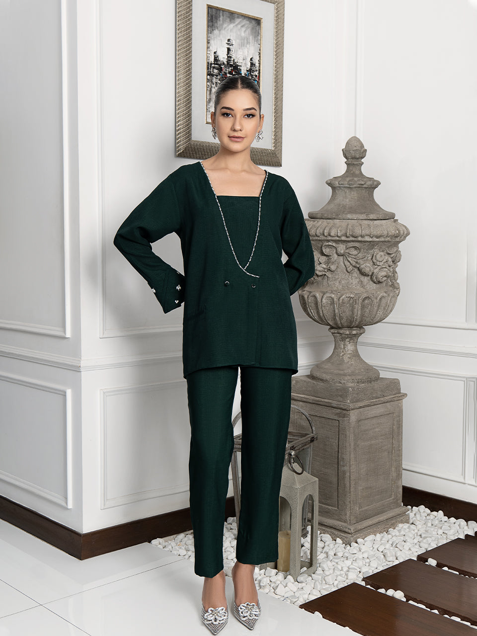 Bling accent green jacket and straight pants cordset