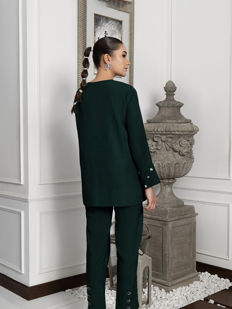 Green jacket ensemble with bling details and sleek pants