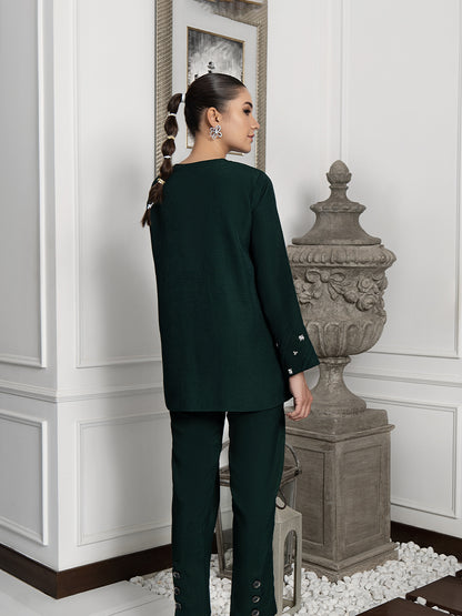 Green jacket ensemble with bling details and sleek pants