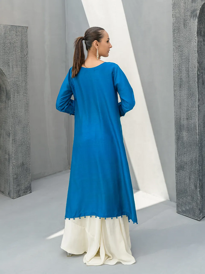 cobalt blue front-open shirt and flared pants