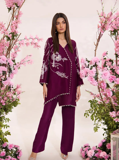 Hand-embroidered raw silk outfit